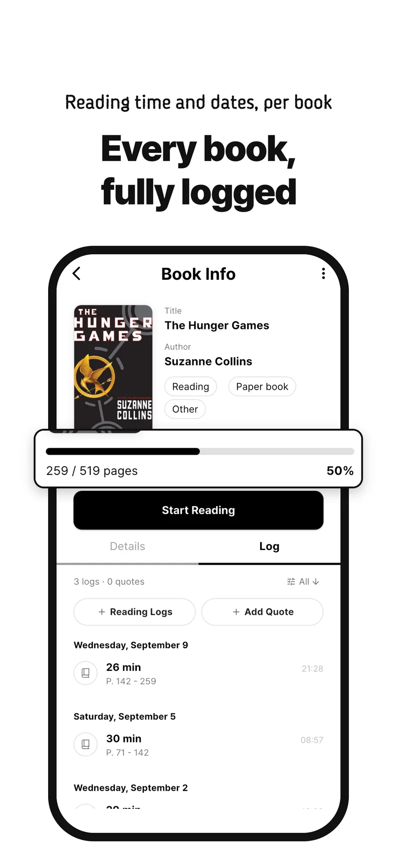 Every book, fully logged. Reading time and dates, per book